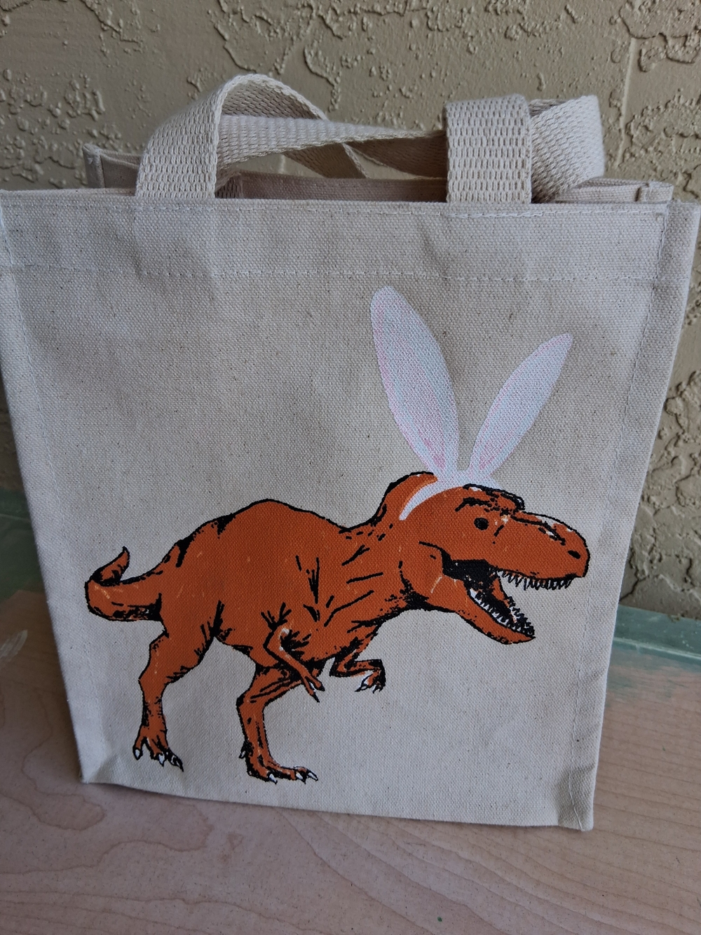 Canvas Tote Bag with Orange Dinosaur Print and Pink Bunny Ears